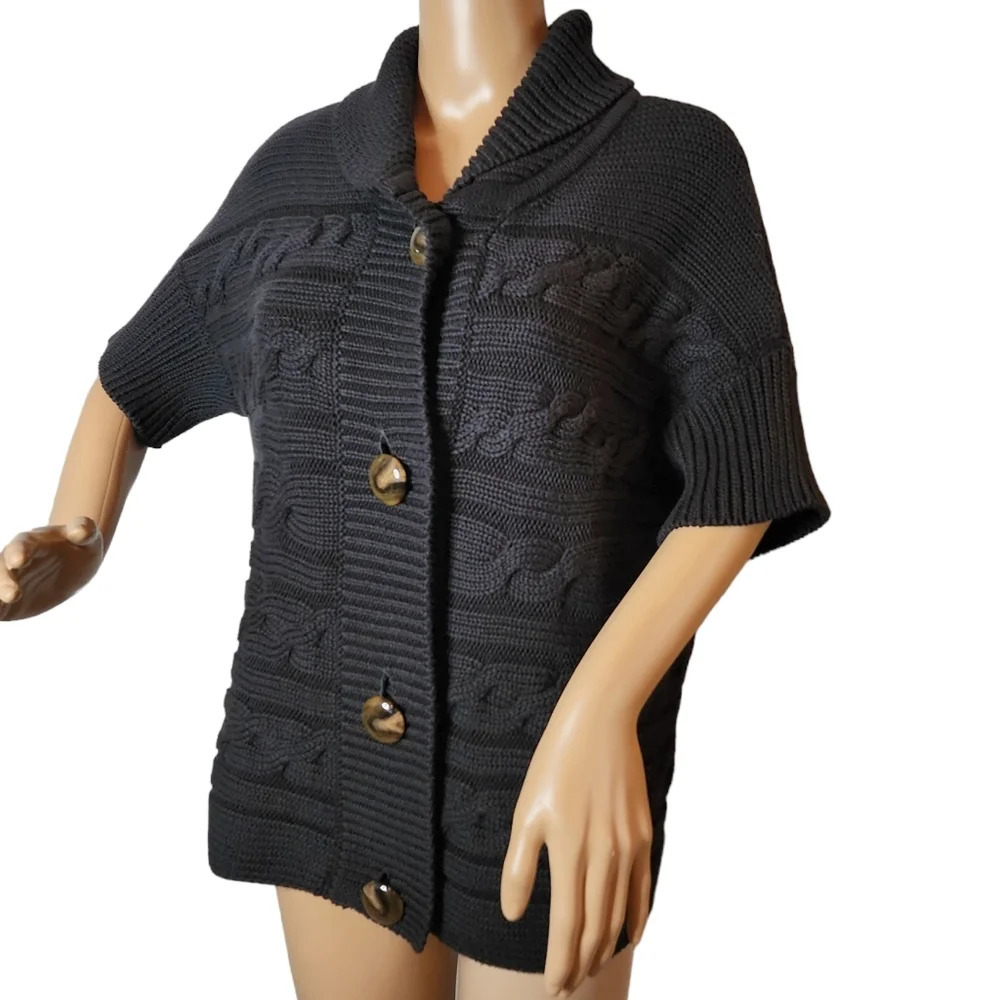 Talbots Chunky Knit Black Button Front Short Sleeve Cotton Sweater Size Medium‎